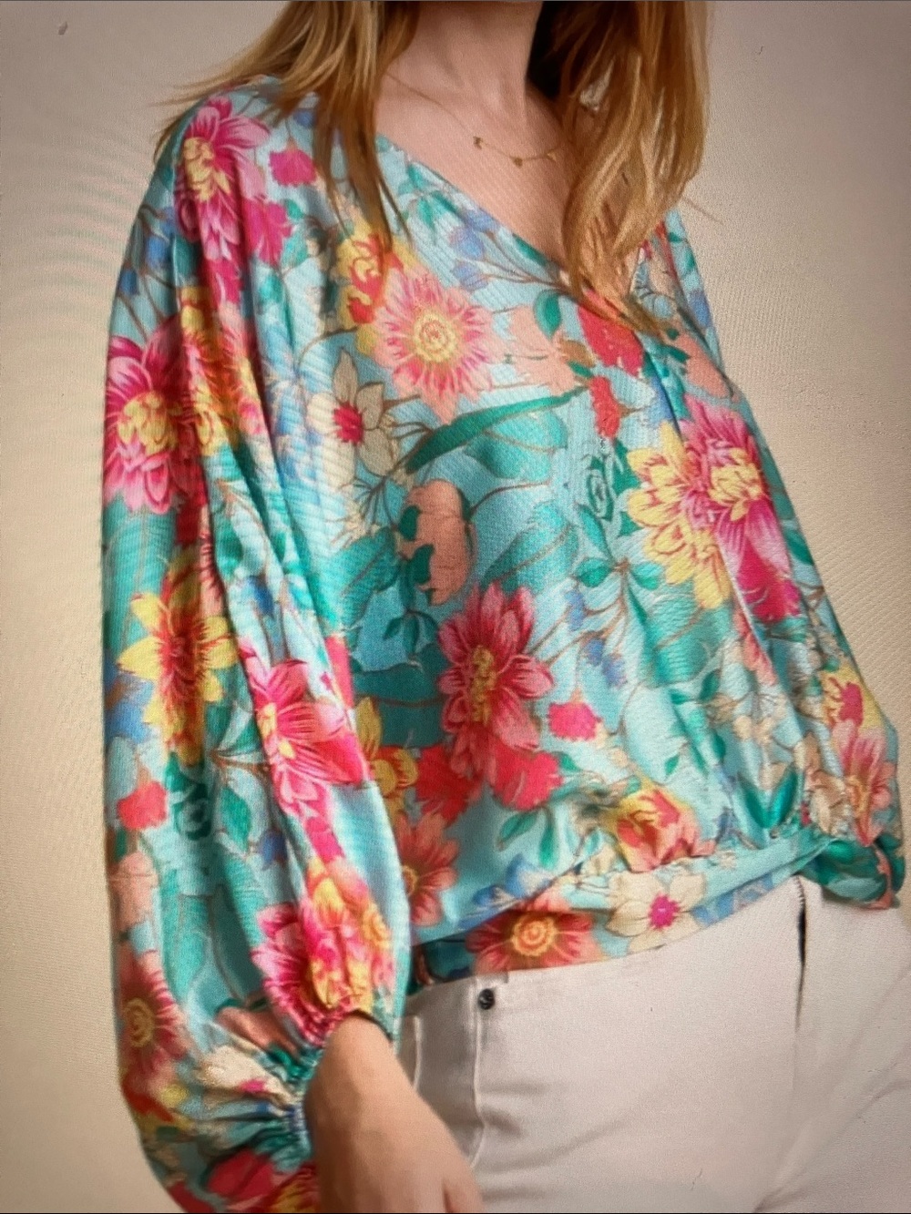 Umgee Aqua Floral V-Neck Dolman Sleeve Top